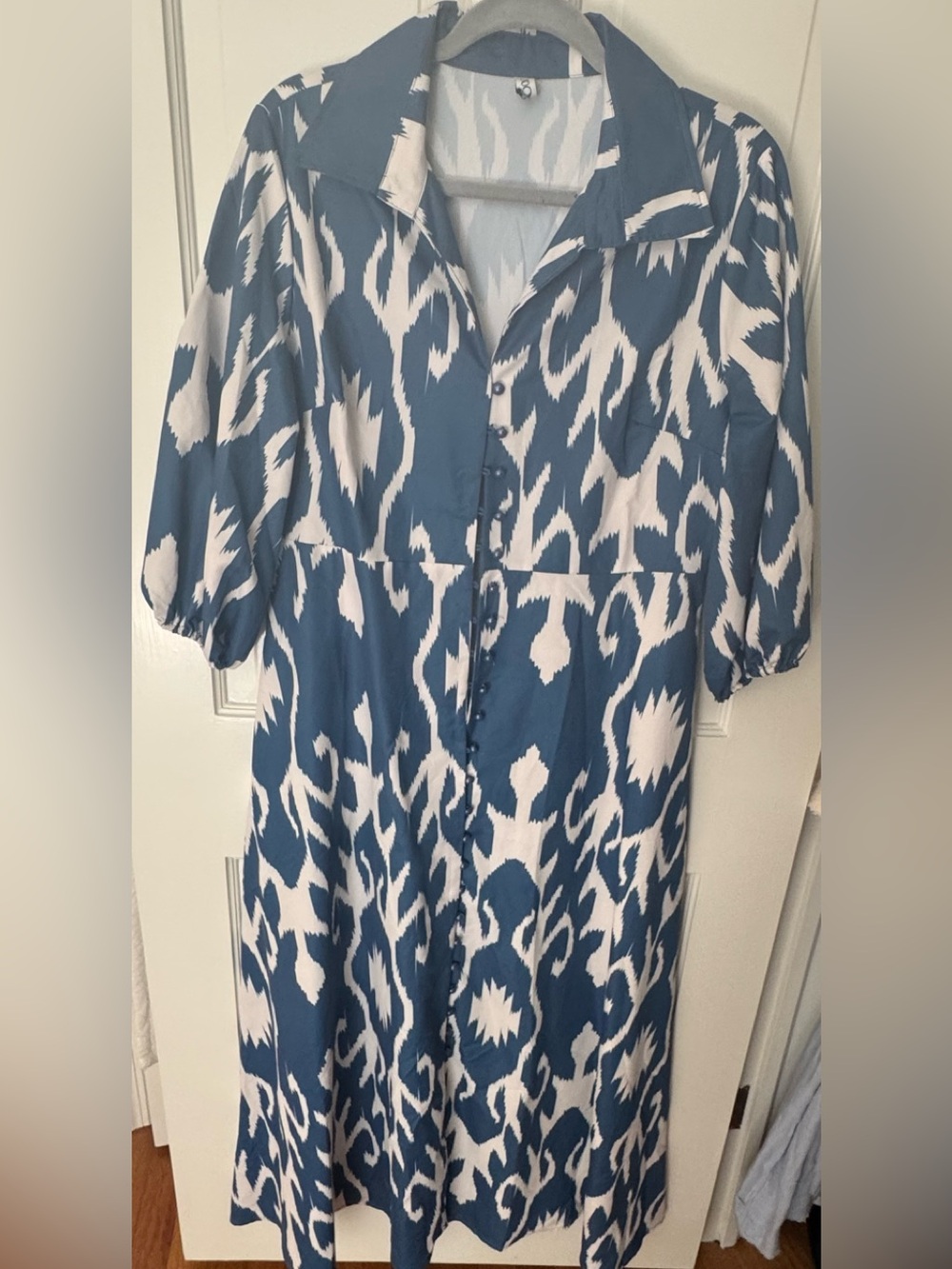 Blue and White Printed Button-Front Women’s Dress